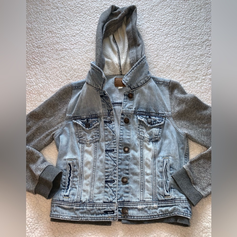 Jean jacket with gray hoodie